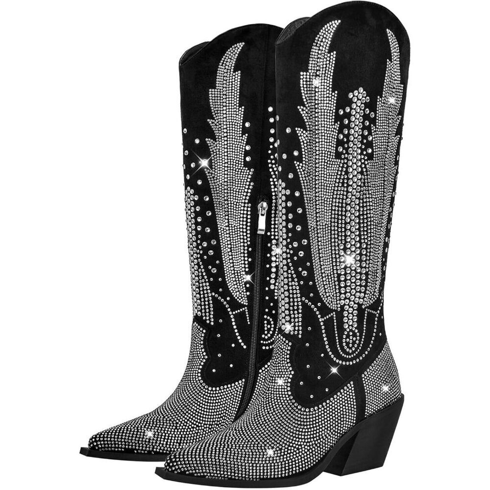 Women Polyurethane Black Knee High Pointed Toe Chunky Heel Rhinestone Boot